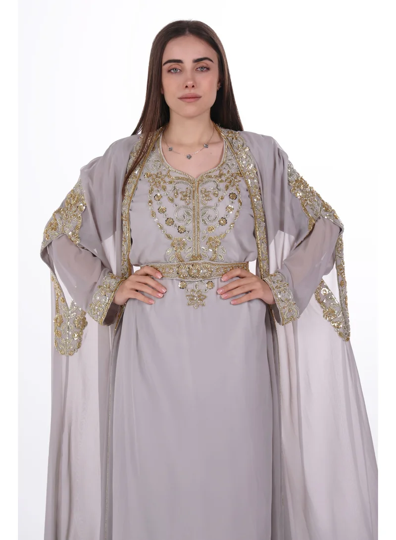 AL BENT AL SHARQIEH grey emboidered chiffon kaftan dress for Women | Best Price UAE